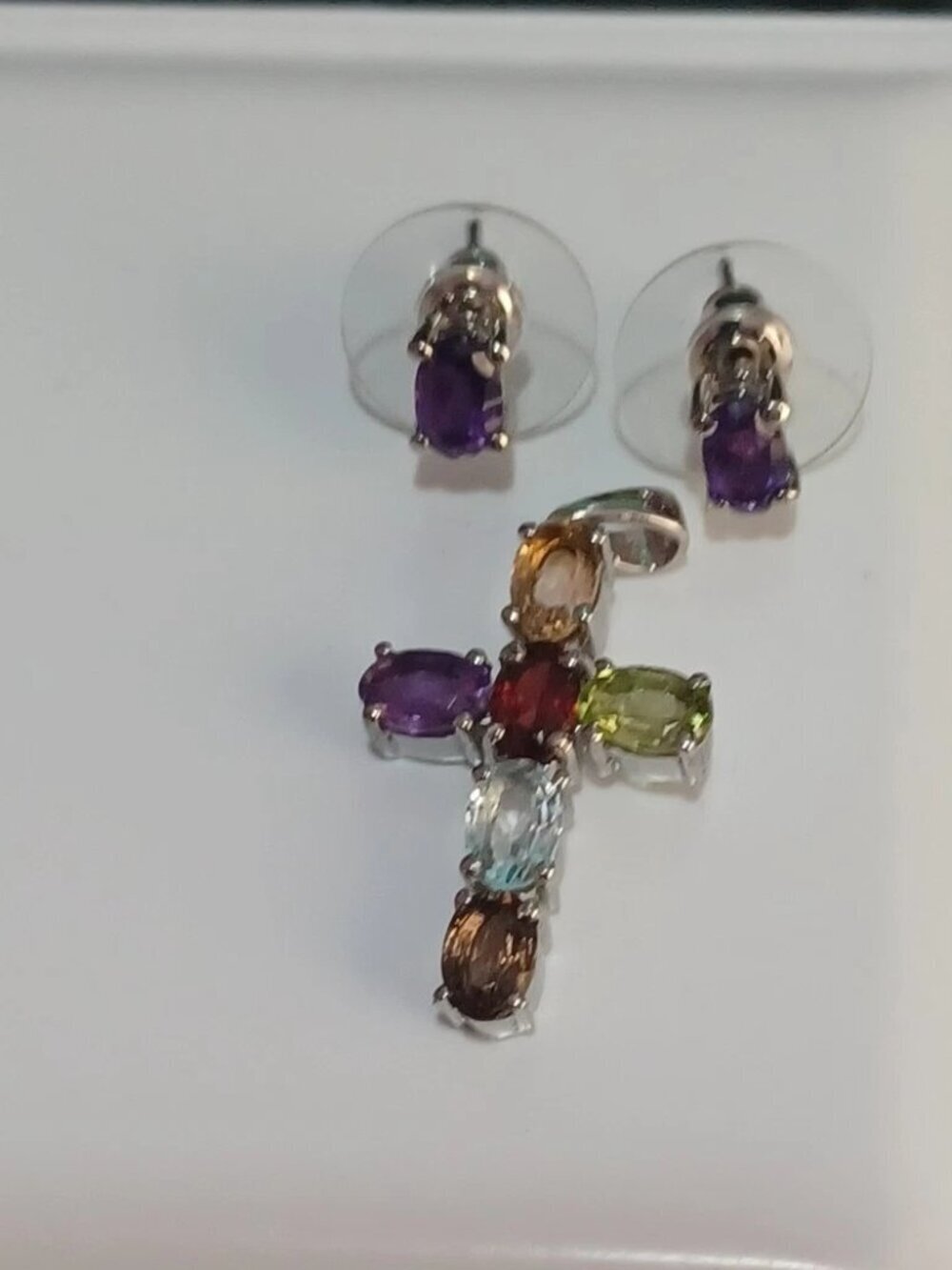 Multi Gemstone Cross Pendant and Solitaire Stud Earrings in Stainless Steel 4.13